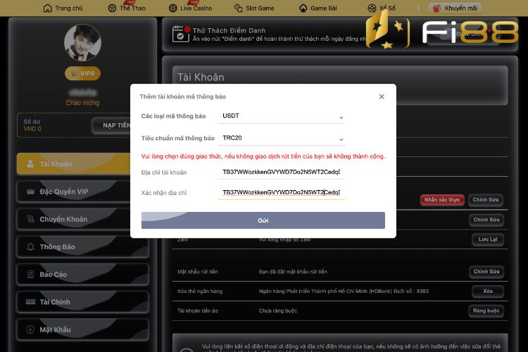 Cập nhật thông tin tài khoản tiền ảo trong mục nạp ritenef Fi88