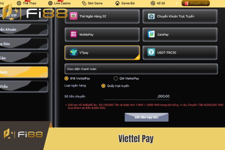 Thanh toán, nạp tiền Fi88 trên ví điện tử Viettel Pay