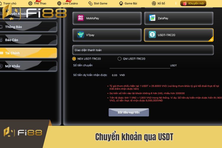 Nạp tiền Fi88 bằng ví tiền ảo USDT
