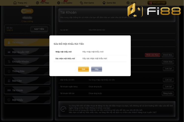 Cập nhật tài khoản rút tiền Fi88