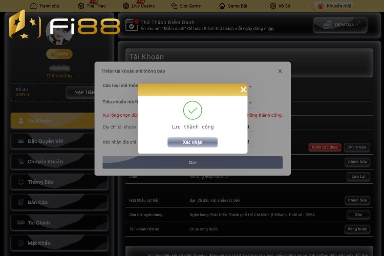 Hoàn tất cập nhật tài khoản USDT tại mục rút tiền Fi88